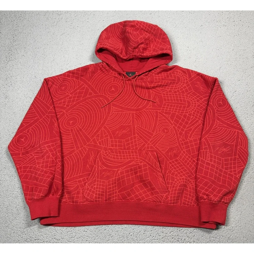 Jordan Hoodie Mens Large Loose Fit Red Fleece Pullover Flight Graphic All Over